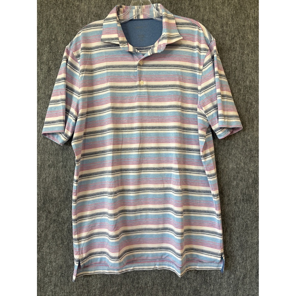 Johnnie-O Mens Large Striped Performance Polo Shirt Blue Red UPF 50 Surfer Logo